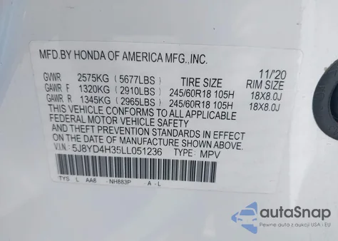 2020 Acura Mdx Standard из США, поврежденный, VIN 5J8YD4H35LL051236